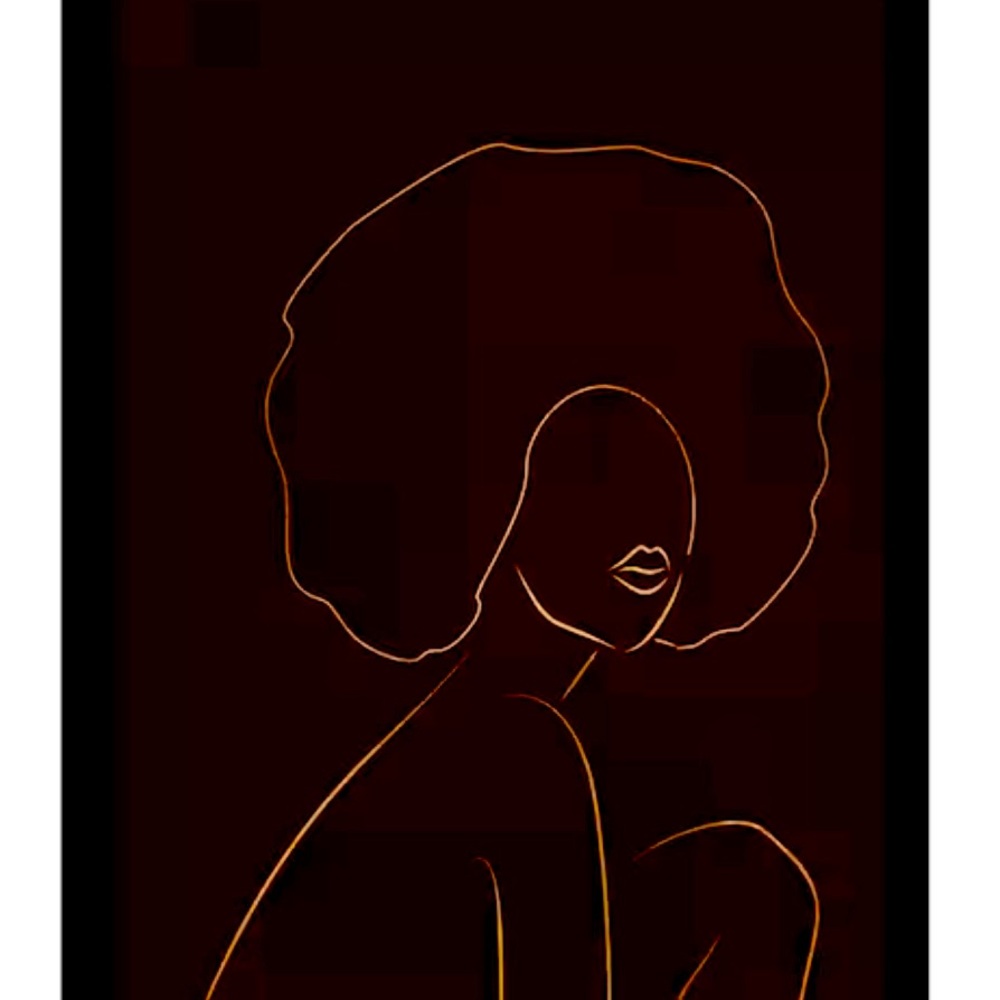 Brown and Gold Timeless Afro Line Drawing Art With Gold Frame.  12 x 22